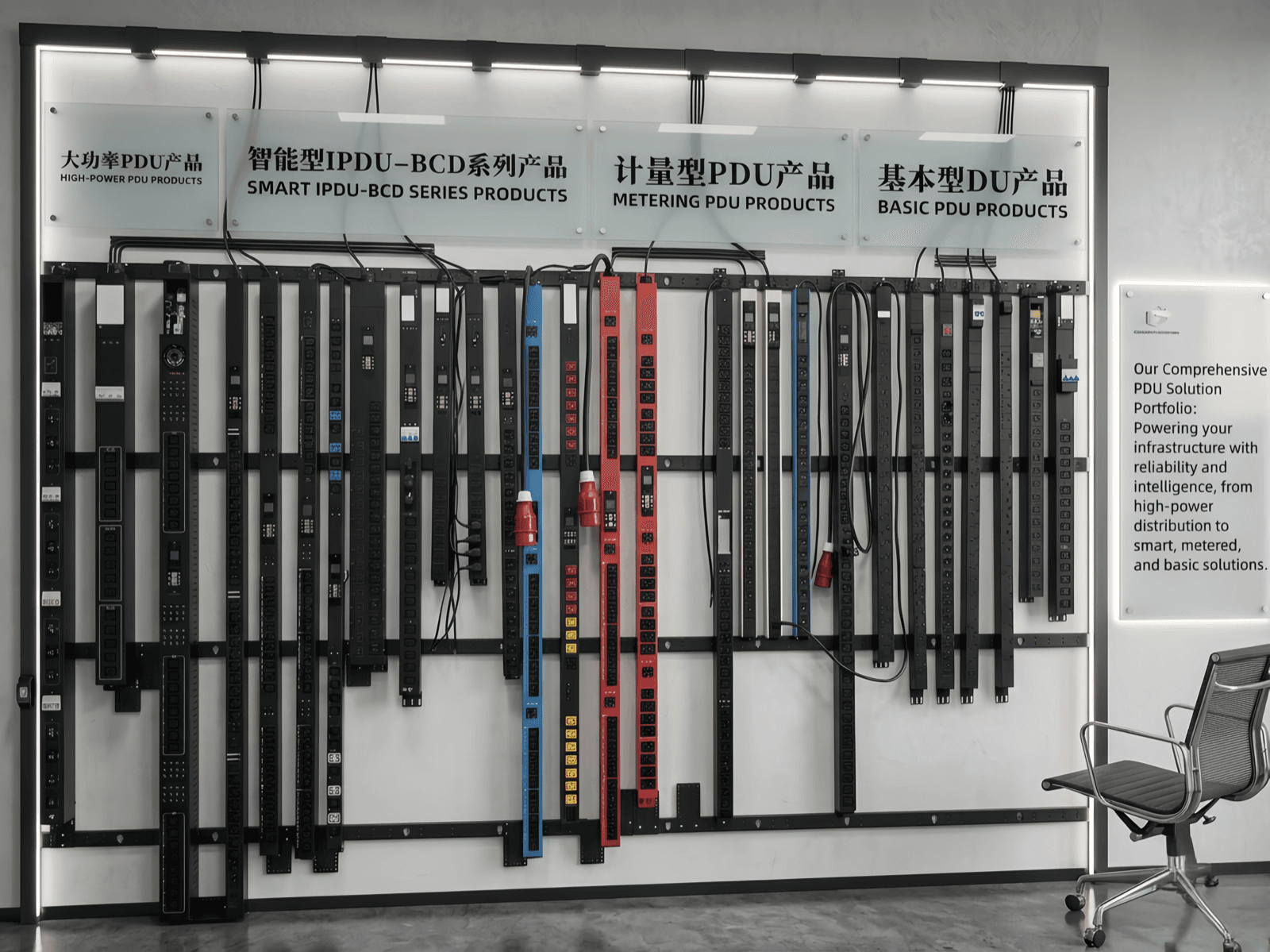 Yiestar Smart, Metered and Basic PDU product range on the showroom wall