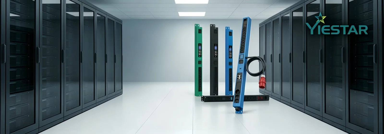 Yiestar intelligent rack PDUs deployed across a data center aisle