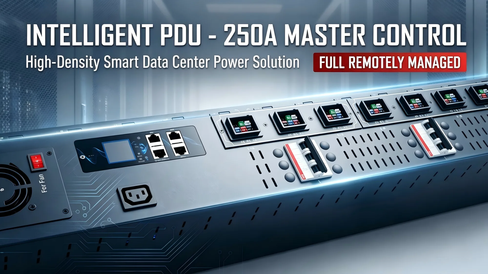 Data center aisle with rack PDUs feeding server cabinets